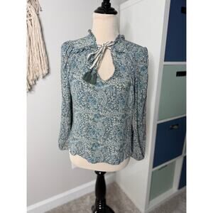 Anthropologie Frye Blue Green Boho Cara Tie Tassel Neck Paisley Shirt Top Blouse